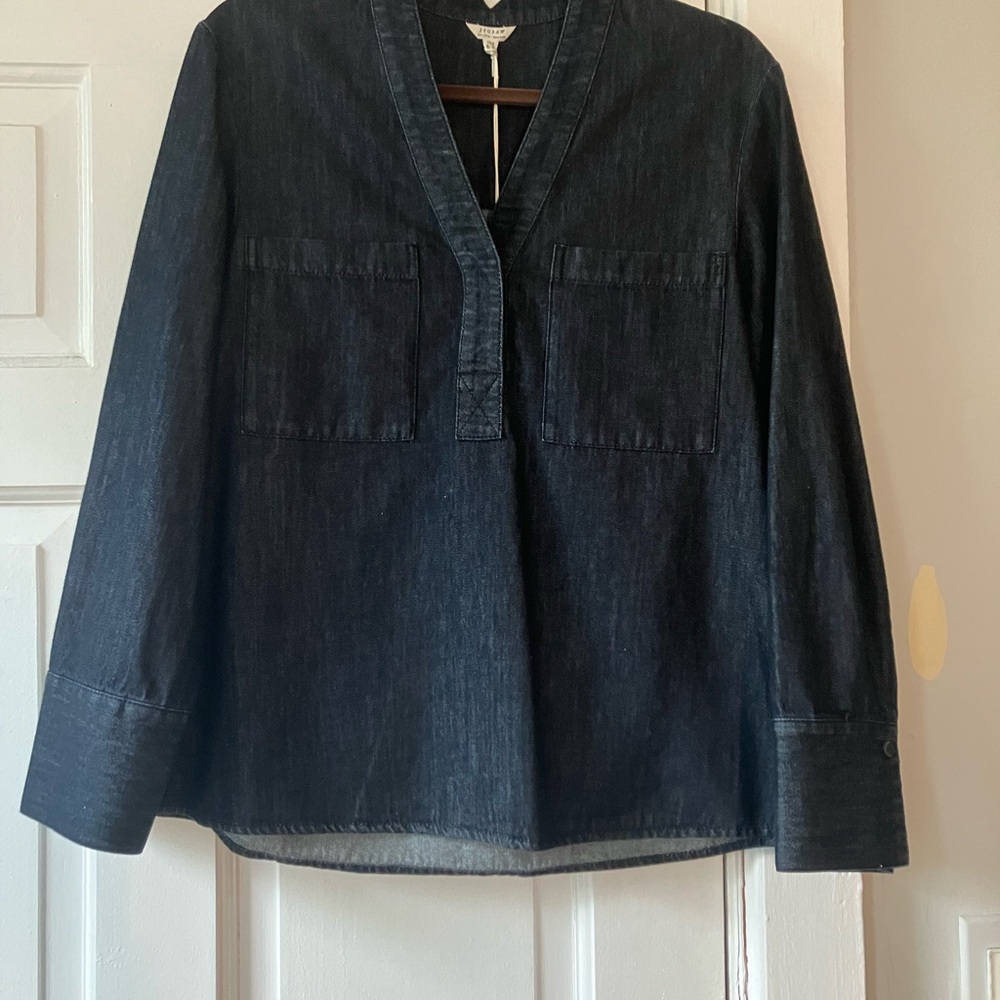 Jigsaw Indigo Denim V-Neck Shirt with Front Patch Pockets